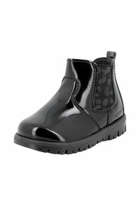 Stivaletto Chelsea in pelle nera lucida con pannello laterale elastico caratterizzato da un motivo sottile, suola in gomma e punta arrotondata. Finitura liscia e lucida.