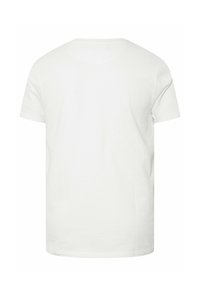 T-shirt blanc uni à manches courtes, vu de dos, avec un col rond et un tissu légèrement texturé.