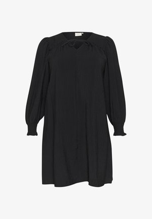 Vestido negro con mangas largas y voluminosas y escote arrugado. Presenta una tela texturizada y una silueta relajada en forma de A.