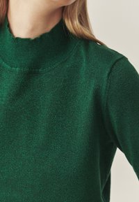Zielony sweter dzianinowy z wysokim, prążkowanym kołnierzem i teksturowanym, błyszczącym wykończeniem. Dopasowany fason z długimi rękawami.