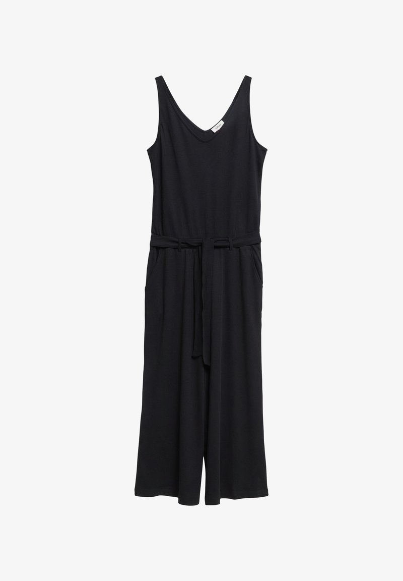 Combinaison noire sans manches avec col en V, jambes larges, poches latérales et ceinture en tissu assorti nouée à la taille.
