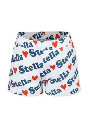 Shorts bianchi con una stampa ripetuta della parola "Stella" in cuori blu e rossi. Realizzati in tessuto morbido e leggero, adatti per un abbigliamento casual.