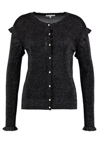 Svart, glittrig cardigan med rund halsringning, sju pärlknappar och volangdetaljer på axlar och ärmar. Figursydd design.