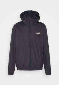 Schwarze Kapuzenwindjacke aus leichtem, glänzendem Material. Verfügt über einen Frontreißverschluss, elastische Bündchen und ein gesticktes Logo auf der Brust.