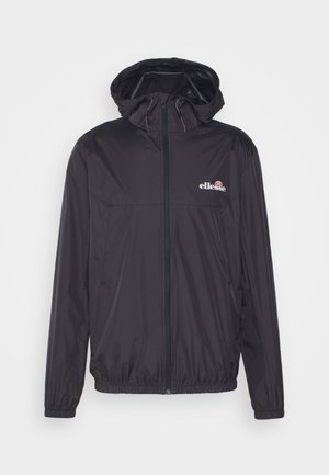 Black hooded windbreaker jacket made of lightweight, glossy fabric. Features a front zipper, elastic cuffs, and an embroidered logo on the chest.