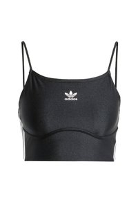 Top desportivo preto cropped com alças finas, apresentando o logo branco da Adidas e riscas laterais brancas em contraste. Feito de um material liso e elástico.