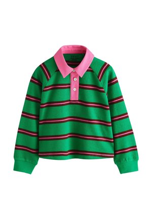 Zöld hosszú ujjú galléros póló rózsaszín és sötétbarna vízszintes csíkokkal, rózsaszín gallérral és három fehér gombbal a sliccen.