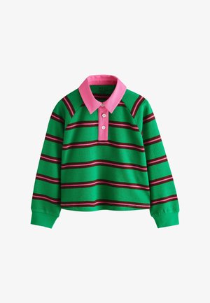 Grünes Langarm-Poloshirt mit rosa und dunkelbraunen horizontalen Streifen, rosa Kragen und drei weißen Knöpfen an der Knopfleiste.