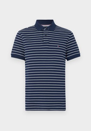 Navy blue polo shirt with white horizontal stripes, three button placket, and a collar. Features a small logo on the left chest.
