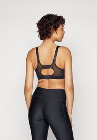 Svart sportsbh med nettdetaljer, justerbare stropper og åpen ryggdesign. Kombinert med høyt liv svarte leggings.