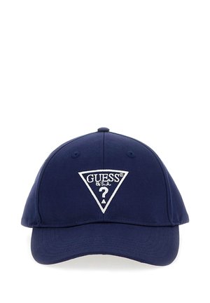 Marineblaue Baseballkappe mit weißem, gesticktem GUESS USA-Dreiecklogo und Fragezeichen in der Mitte vorne.
