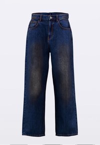 Jeans med vida ben i mörkblå denim, med ett blekt tvättat utseende, femficksdesign och knäppning framtill. Synliga sömnadsdetaljer.