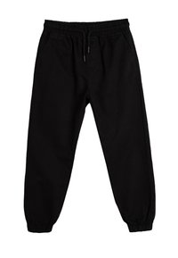 Zwarte joggingsbroeken met een elastische tailleband, verstelbaar trekkoord, zijzakken en taps toelopende boorden bij de enkels. Zachte stoftextuur.