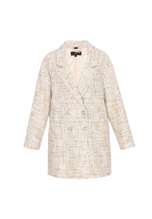 Kétsoros női tweed blézer bézs és világos pasztell árnyalatokban, gyöngygombokkal és mélyen bevágott hajtókákkal.