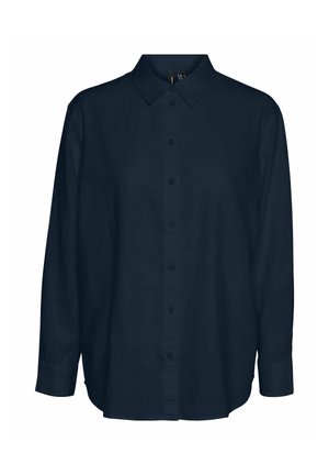 Chemise bleu marine foncé à manches longues avec boutons, col pointu et poignets à un bouton, présentée sur fond blanc.