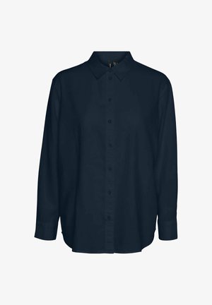 Chemise bleu marine foncé à manches longues avec boutons, col pointu et poignets à un bouton, présentée sur fond blanc.
