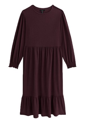 Robe midi à manches longues de couleur violet foncé avec encolure ronde, taille froncée, ourlet à volants et poignets smockés élastiques.