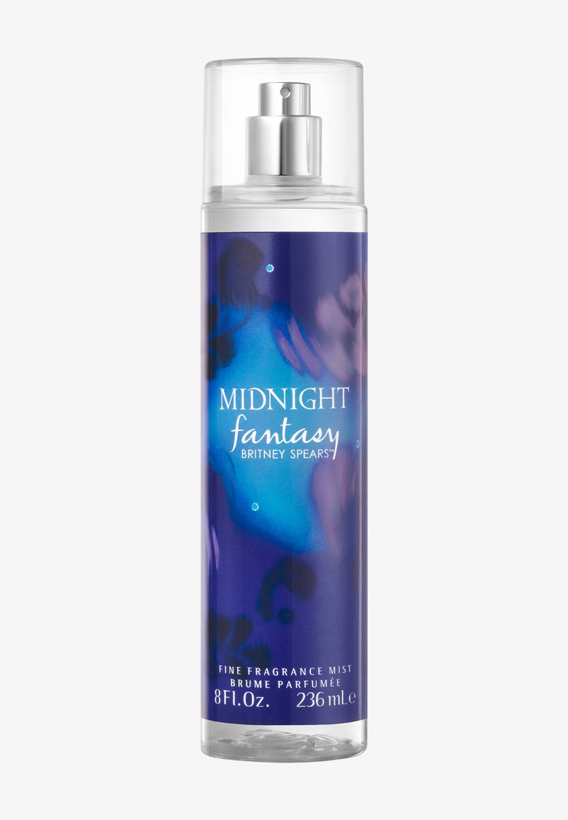 Midnight Fantasy von Britney Spears, Eau de Parfum Sprayflasche, 236 ml, mit abstraktem lila und blauem Design.