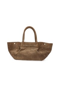 Borsa tote in suede marrone con due manici robusti, una texture morbida e un design minimalista che presenta una tasca frontale piatta e dettagli in metallo.