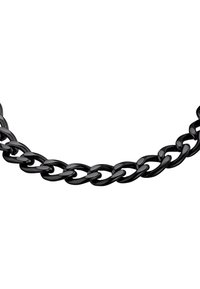 Collana in metallo nero, caratterizzata da spessi anelli intrecciati con una finitura lucida, che presenta un design e una trama uniformi.