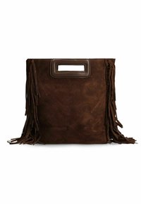 Bruine suède handtas met franjes aan de zijkanten, rechthoekige vorm en een groot uitgesneden handvat. Glad lederen accenten.