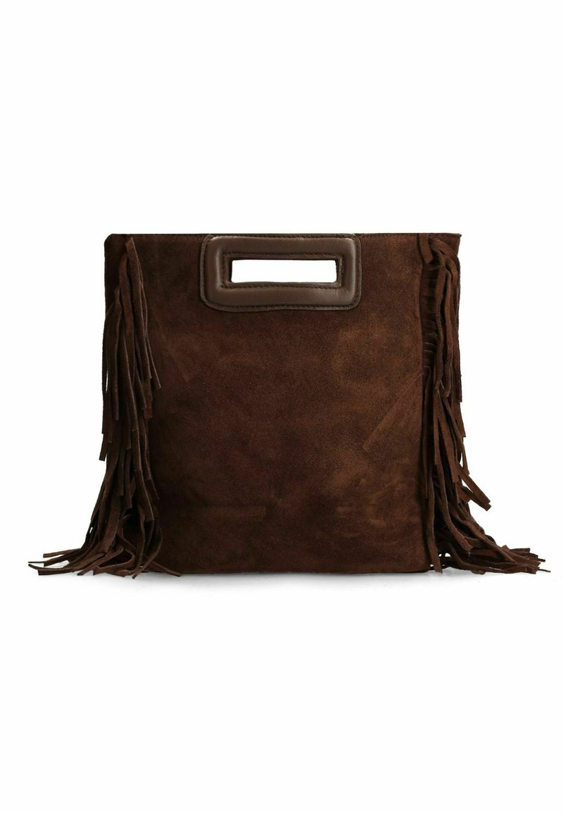 Bruine suède handtas met franjes aan de zijkanten, rechthoekige vorm en een groot uitgesneden handvat. Glad lederen accenten.