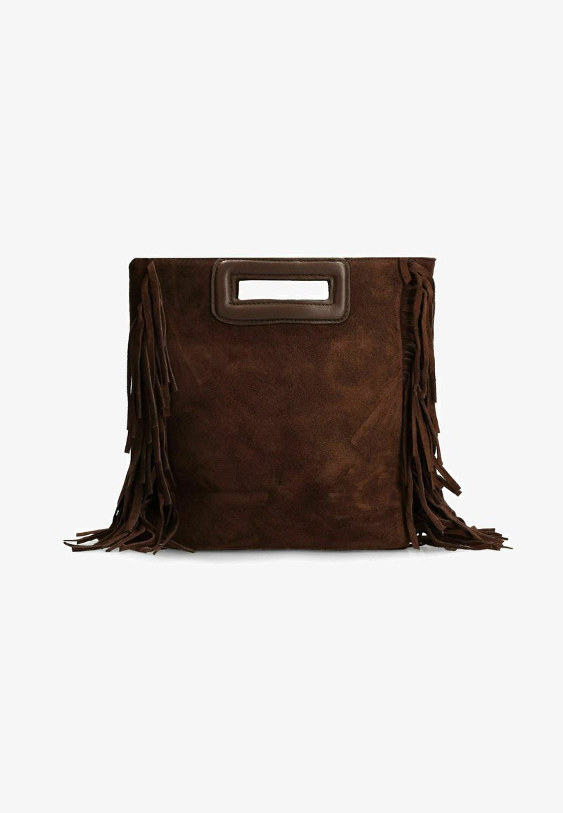 Bruine suède handtas met franjes aan de zijkanten, rechthoekige vorm en een groot uitgesneden handvat. Glad lederen accenten.