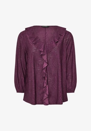 Blusa viola con un motivo testurizzato e ondulato. Presenta un colletto arricciato e maniche lunghe e a sbuffo. Tessuto leggero e fluido.