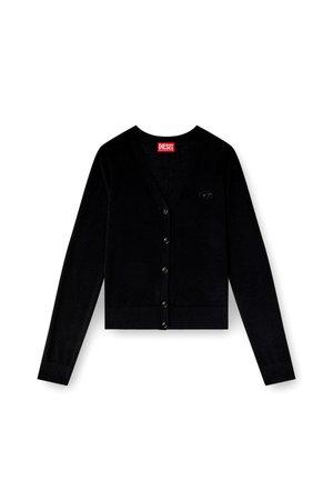 Black cardigan made of soft knit fabric, featuring a v-neckline, long sleeves, front button closure, and a small logo on the left chest.