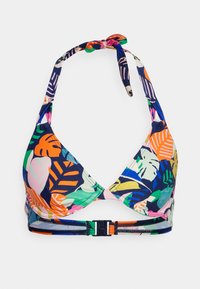 Top de bikini multicolorido com laço no pescoço. Apresenta um padrão de folhas, formato triangular e uma alça ajustável com fecho de clip.