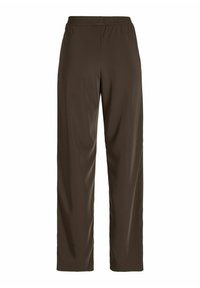 Brūni, brīvi pieguļoši bikses ar elastīgu jostasvīgu, izgatavotas no gludas, vieglas auduma, ar taisnu kāju dizainu un bez redzamām rakstām.