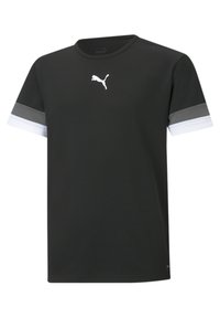 T-shirt noir à manches courtes en tissu lisse. Présente un logo Puma blanc sur la poitrine et des accents rayés gris et blancs sur les manches.