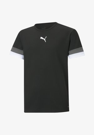 T-shirt nera a maniche corte realizzata in tessuto morbido. Presenta il logo Puma bianco sul petto e accenti a strisce grigie e bianche sulle maniche.