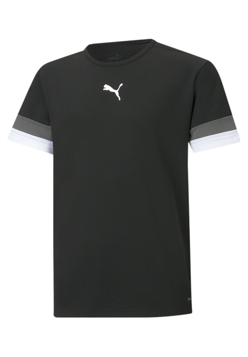 T-shirt noir à manches courtes en tissu lisse. Présente un logo Puma blanc sur la poitrine et des accents rayés gris et blancs sur les manches.