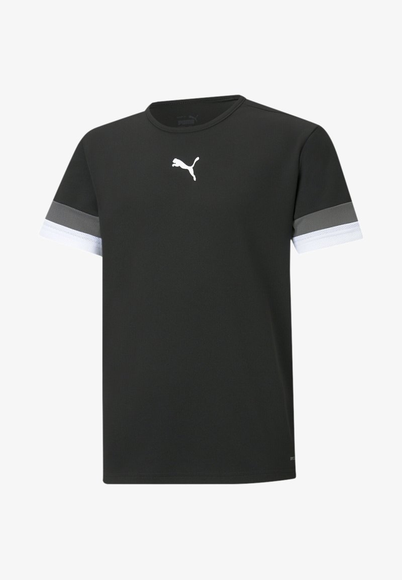 T-shirt noir à manches courtes en tissu lisse. Présente un logo Puma blanc sur la poitrine et des accents rayés gris et blancs sur les manches.