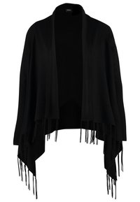 Svart öppen kortin med en kaskadfront, som har fransdetaljer längs fållen. Tillverkad av mjukt tyg med en slät textur.