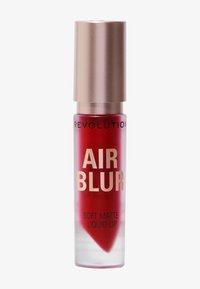 Produit pour les lèvres liquide rouge dans un tube transparent avec un capuchon doré, étiqueté "AIR BLUR", avec une finition mate et un embout applicateur doux.