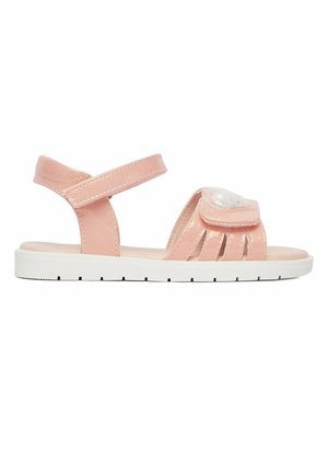 Sandalo rosa per bambino con cinturini in velcro alla caviglia e sul davanti, punta aperta, suola bianca e decorazione scintillante sul cinturino frontale.