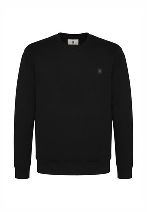 Schwarzes Sweatshirt mit langen Ärmeln und Rundhalsausschnitt, mit gerippten Bündchen und Saum, mit einem kleinen quadratischen Logo-Patch auf der linken Brust.