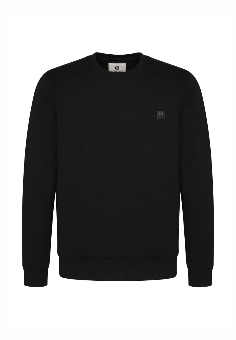 Sweat-shirt noir à manches longues avec col rond, poignets et ourlet côtelés, avec un petit patch carré du logo sur la poitrine gauche.