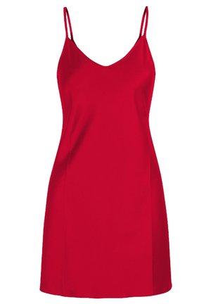 Crvena haljina bez rukava s V-izrezom, tankim podesivim trakama i glatkom površinom. Ima uski korzet i A-linijski kroj.