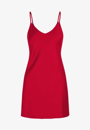 Abito rosso a slip con scollo a V, spalline sottili e una finitura in tessuto liscia. Presenta un corpetto aderente e un taglio ad A.