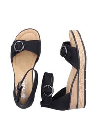 Zwarte wig-sandalen met een kurkplatform, verstelbare band met een ronde metalen gesp en een zachte suède bovenkant met een gevoerde inlegzool.