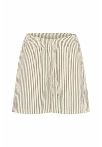 Shorts rayés avec une taille élastique, de couleur crème et de fines rayures verticales sombres. Comprend un cordon de serrage pour l'ajustement.