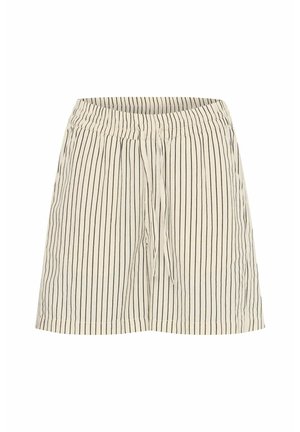 Juostos šortai su elastinga juosmens juosta, kreminės spalvos pagrindas ir tamsios plonos vertikalios juostos. Apima nuleidžiamą virvutę koregavimui.