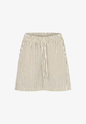 Juostos šortai su elastinga juosmens juosta, kreminės spalvos pagrindas ir tamsios plonos vertikalios juostos. Apima nuleidžiamą virvutę koregavimui.