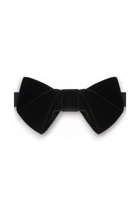 Czarny aksamitny muszka z centralnie umieszczoną tkaniną. Posiada miękką, gładką teksturę oraz symetryczny, spiczasty kształt.