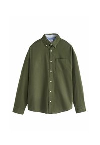 Camicia verde oliva a maniche lunghe con colletto a polo, taschino frontale e bottoni bianchi, realizzata in un tessuto texturizzato.