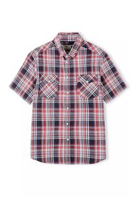 Koszula w kratkę z krótkim rękawem w kolorach czerwonym, granatowym i białym. Posiada dwie kieszenie na piersi oraz kołnierzyk zapinany na guziki. Wykonana z tkanej tkaniny w wzór kratkowany.