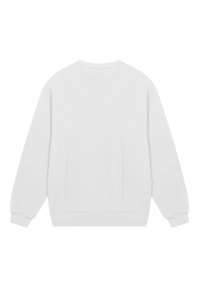 White fleece sweatshirt with long sleeves, rounded neckline, ribbed cuffs and hem, featuring a smooth, soft texture and no visible design elements.